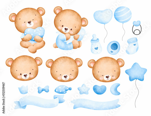 Set of Watercolor cute baby boy bear 