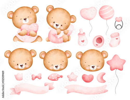 Set of Watercolor cute baby girl bear 