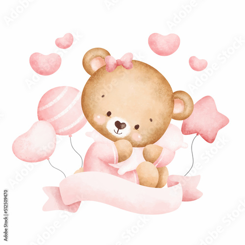 Cute baby teddy bear and balloons