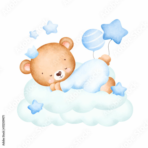 Cute baby teddy bear sleeping on the cloud