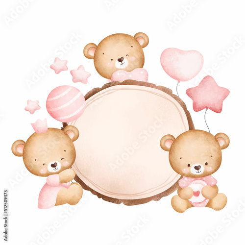 Cute baby teddy bears and wooden board 