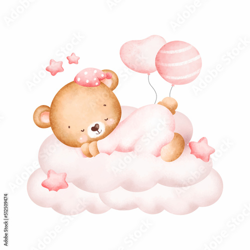 Cute baby teddy bear sleeping on the cloud