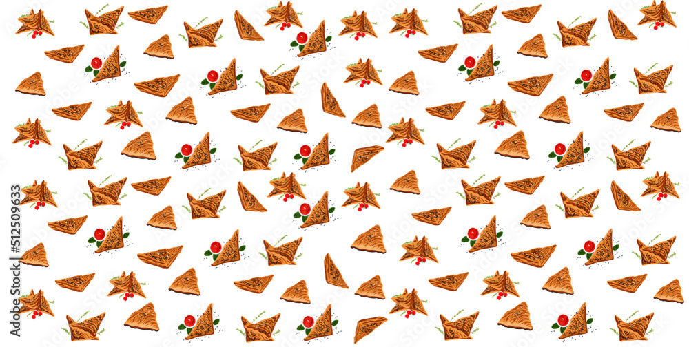 Fototapeta premium Many tasty samsas on white background. Pattern for design
