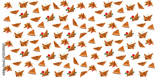 Many tasty samsas on white background. Pattern for design