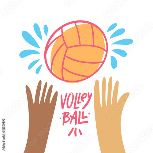 An illustration depicting a dark-skinned hand and a light-skinned hand reaching for a volleyball, with the word Volleyball. This dynamic image serves as a sports logo, symbolizing unity and teamwork.