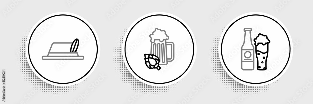Set line Beer bottle and glass, Oktoberfest hat and Glass of beer hop icon. Vector Set line Beer bottle and glass, Oktoberfest hat and Glass of beer hop icon. Vector