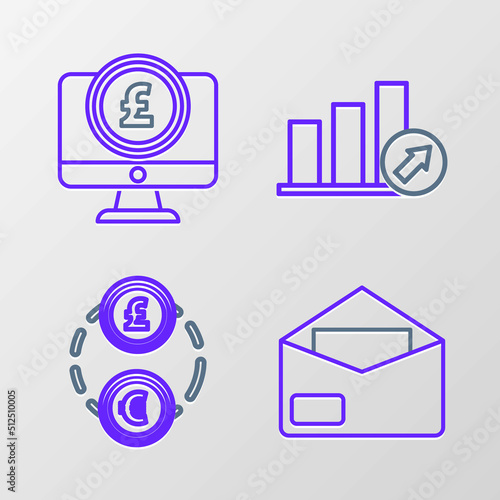 Set line Envelope, Money exchange, Presentation financial with graph, schedule, chart, diagram, infographic, pie graph and Computer monitor pound sterling symbol icon. Vector