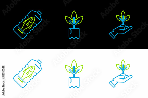 Set line Plant in hand of environmental protection, Stop ocean plastic pollution and bottle icon. Vector