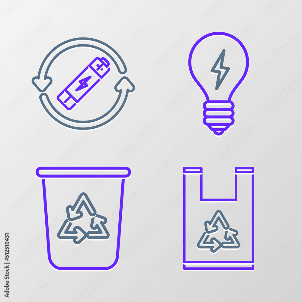 Set line Plastic bag with recycle, Recycle bin symbol, Light bulb lightning and Battery line icon. Vector Set line Plastic bag with recycle, Recycle bin symbol, Light bulb lightning and Battery line icon. Vector