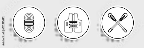Set line Crossed paddle, Climber rope and Life jacket icon. Vector