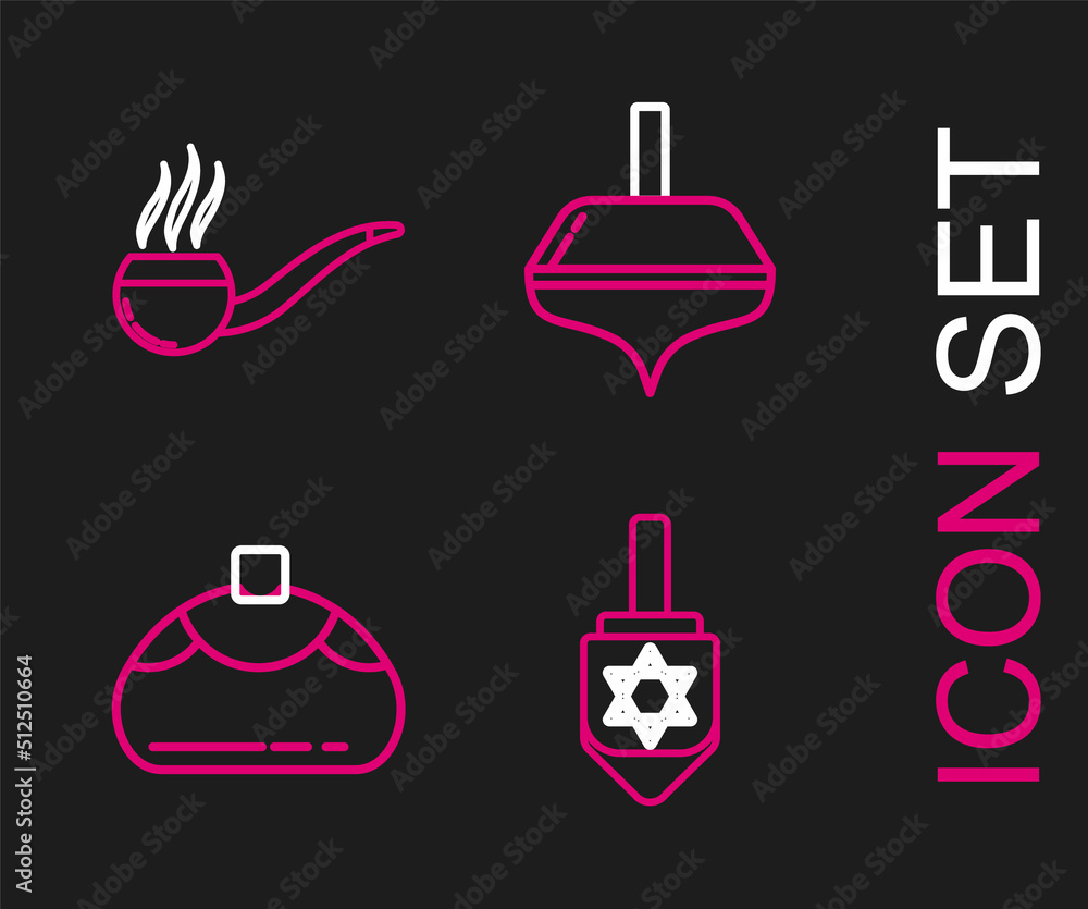 Set line Hanukkah dreidel, Jewish sweet bakery, and Smoking pipe with smoke icon. Vector Set line Hanukkah dreidel, Jewish sweet bakery, and Smoking pipe with smoke icon. Vector