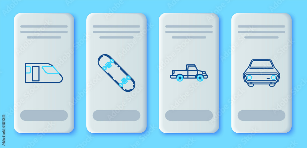 Set line Skateboard, Pickup truck, Train and Car icon. Vector