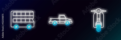 Set line Scooter, Double decker bus and Pickup truck icon. Glowing neon. Vector