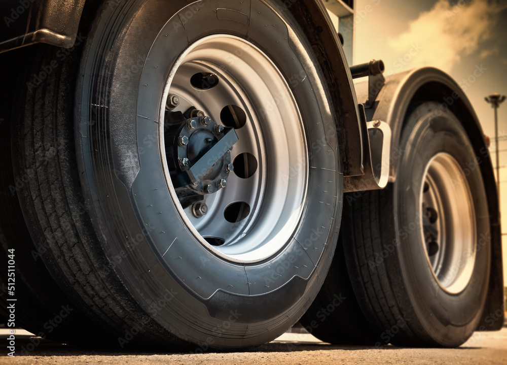 Big Semi Truck Wheels Tires. Rubber, Vechicle Tyres. Freight Trucks Transport.	

