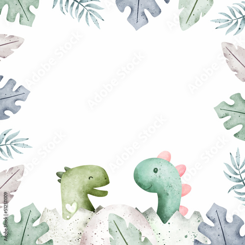 Watercolor cute dinosaurs in leaves frame 