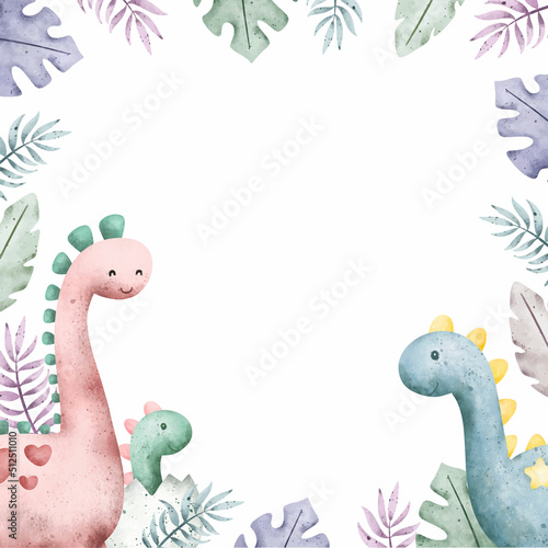 Watercolor cute dinosaurs in leaves frame 