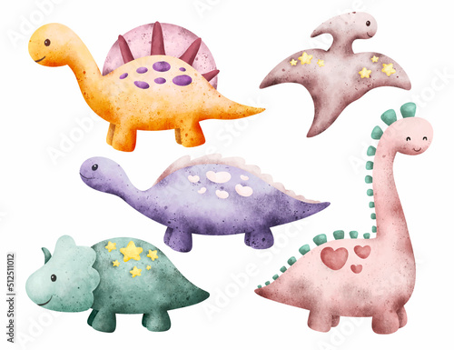 Watercolor set of cute dinosaurs 