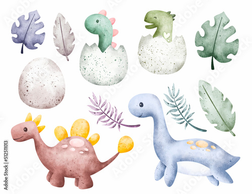 Watercolor set of cute dinosaurs 