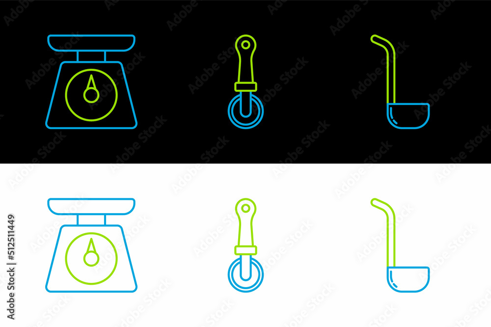 Set line Kitchen ladle, Scales and Pizza knife icon. Vector Set line Kitchen ladle, Scales and Pizza knife icon. Vector