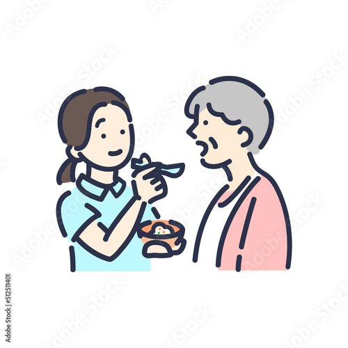 食事を介助する介護士とおばあちゃんのカラーイラスト