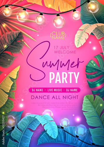 Summer disco party poster with tropic leaves and string of lights. Summer background. Vector illustration