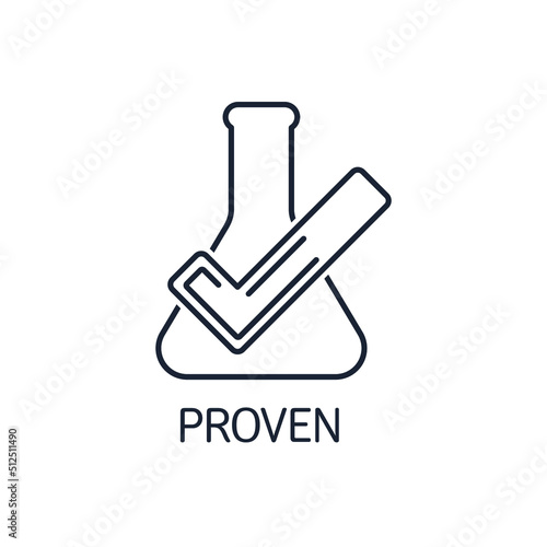 Flask with a tick. Proven product. Vector linear icon isolated on white background.