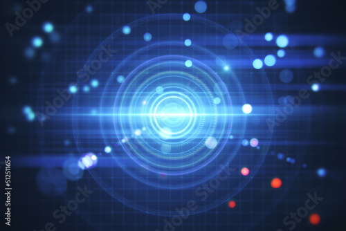 Creative blurry dark lens or round interface wallpaper with grid and blurry bokeh circles. Space, sci fi and flare concept. 3D Rendering.