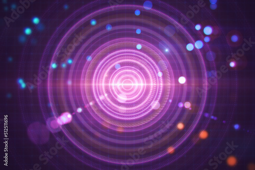 Creative blurry dark lens or round interface texture with grid and blurry bokeh circles. Space, sci fi and flare concept. 3D Rendering.