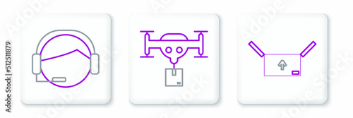 Set line Cardboard box with traffic symbol, Support operator in touch and Delivery drone the package icon. Vector