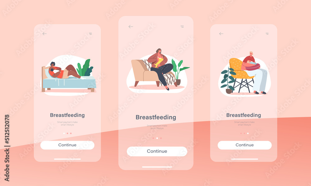 Breastfeeding Mobile App Page Onboard Screen Template. Female Characters Feeding Baby with Breast, Newborn Child