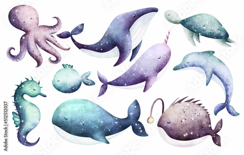 Watercolor set of sea creature