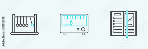 Set line Notebook, Pendulum and Electrical measuring instruments icon. Vector