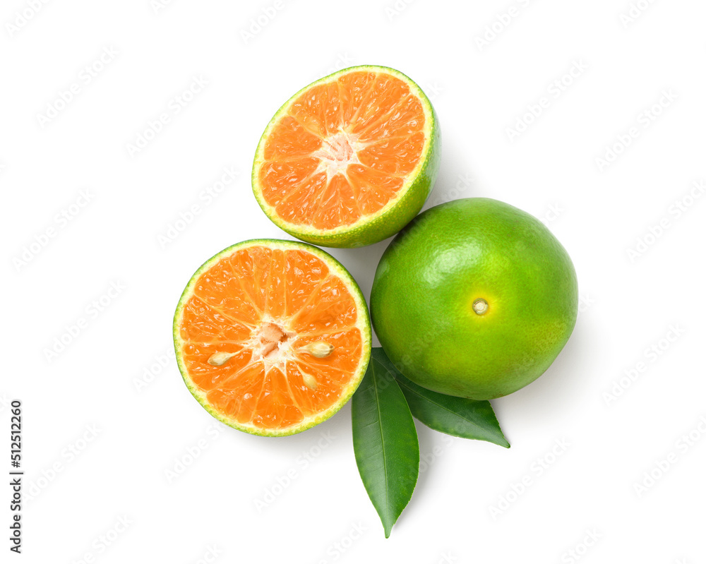 Flat lay of Tangerine orange with cut in half isolated on white background. Flat lay of Tangerine orange with cut in half isolated on white background.