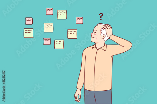 Elderly man making notes suffering from memory loss. Old grandfather use memo stickers struggling with Alzheimer or dementia. Health problems concept. Vector illustration. 