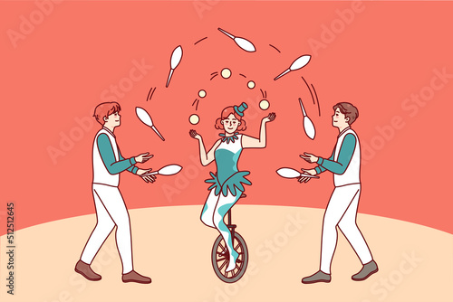 Artist juggling on circus arena. Man and woman performers make show on stage. Jugglers performance. Flat vector illustration. 