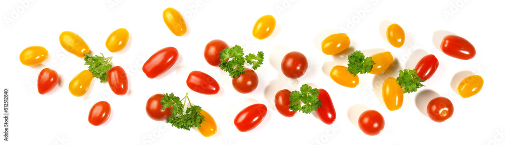 Yellow and red Cherry Tomatoes with Persil Hetbs - Panorama isolated on white Background. Yellow and red Cherry Tomatoes with Persil Hetbs - Panorama isolated on white Background.