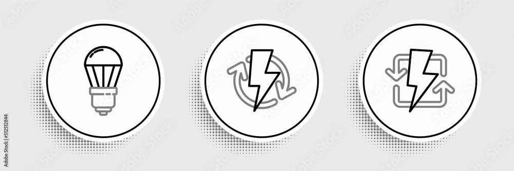 Set line Recharging, LED light bulb and icon. Vector Set line Recharging, LED light bulb and icon. Vector