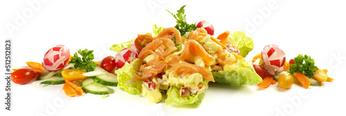 Low Carb Egg Salad with Mayonnaise, Salmon and Vegetables. Panorama isolated on white Background.