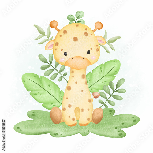 Photography Watercolor baby giraffe and tropical leaves sitting in the garden