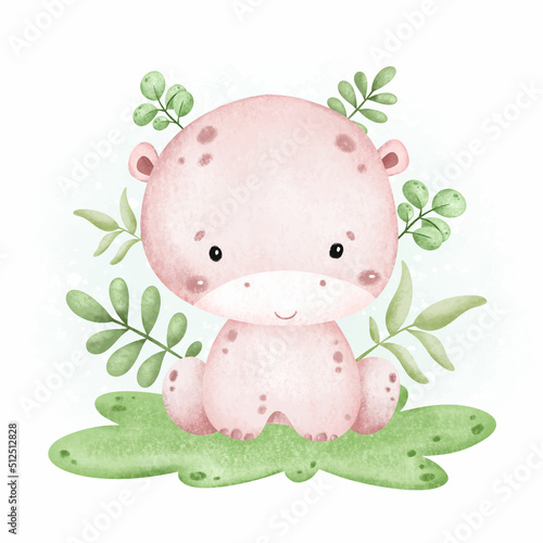 Photography Watercolor baby hippo and tropical leaves sitting in the garden