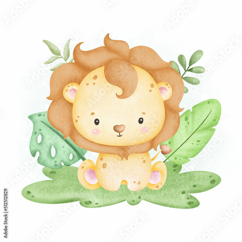 Watercolor baby lion and tropical leaves sitting in the garden