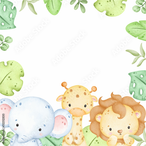 Watercolor baby safari animals and tropical leaves frame