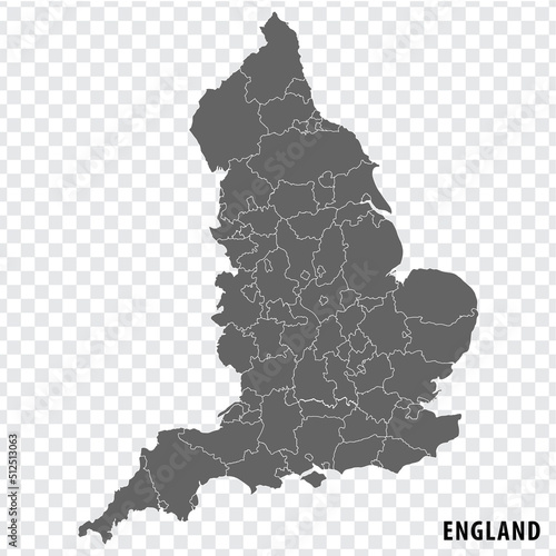 Blank map of England. High quality map with regions of England on transparent background for your web site design, app, UI.  United Kingdom. EPS10.