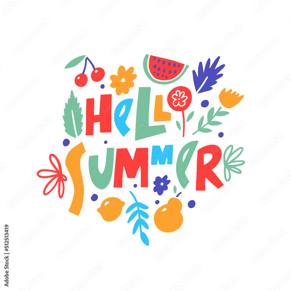 Hello Summer lettering phrase. Hand drawn colorful modern typography.