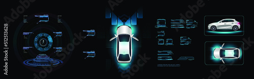 Futuristic car interface. Car with navigation pad on HUD digital holographic screen. Smart car control settings. Vehicle system with electronic digital navigation panel