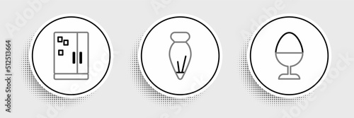 Set line Chicken egg on a stand, Refrigerator and Pastry bag for decorate cakes icon. Vector
