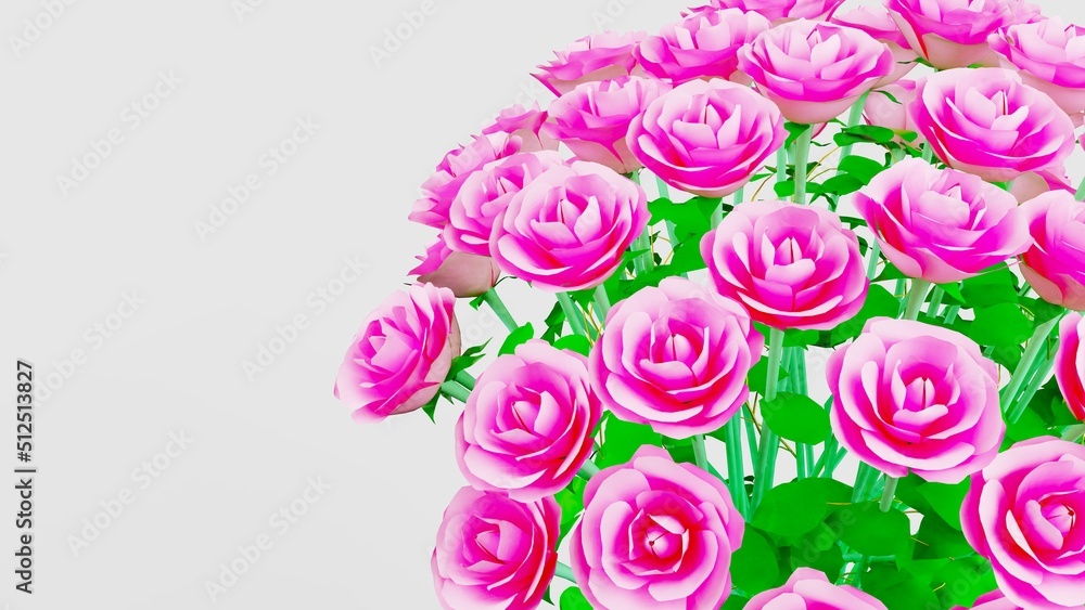 Pink rose with small green leaves under white background. Concept image of happy Invitation and reception sign. 3D high quality rendering. 3D illustration. High resolution.