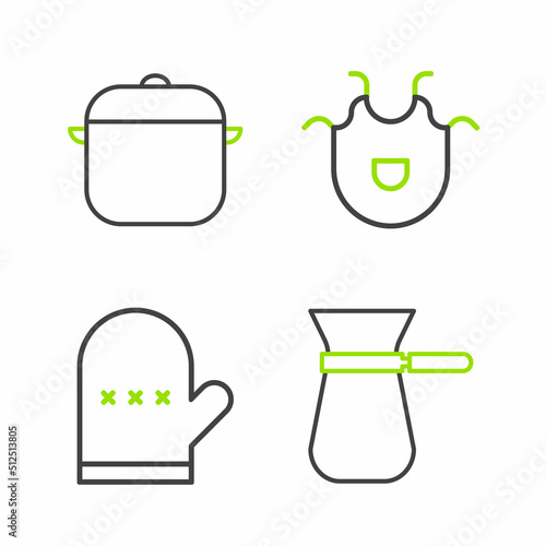 Set line Coffee turk, Oven glove, Kitchen apron and Cooking pot icon. Vector