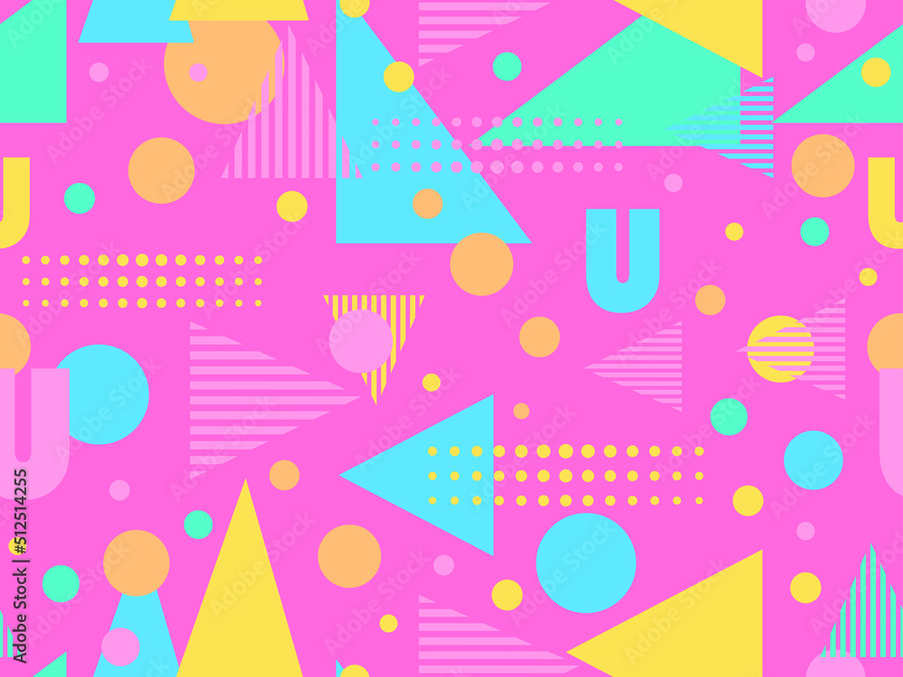 Geometric seamless pattern with memphis elements in 80s style. Colorful geometric pattern. Design of promotional products, wrapping paper and printing. Vector illustration Geometric seamless pattern with memphis elements in 80s style. Colorful geometric pattern. Design of promotional products, wrapping paper and printing. Vector illustration