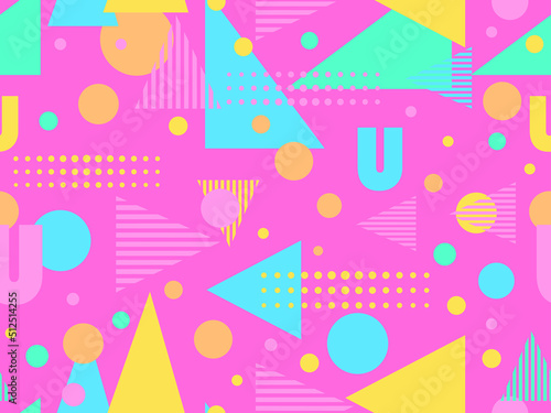 Geometric seamless pattern with memphis elements in 80s style. Colorful geometric pattern. Design of promotional products, wrapping paper and printing. Vector illustration